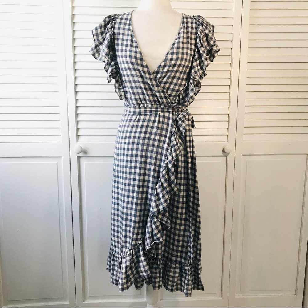 New MAX STUDIO Gingham Print Blue Ruffle Dress Size XS